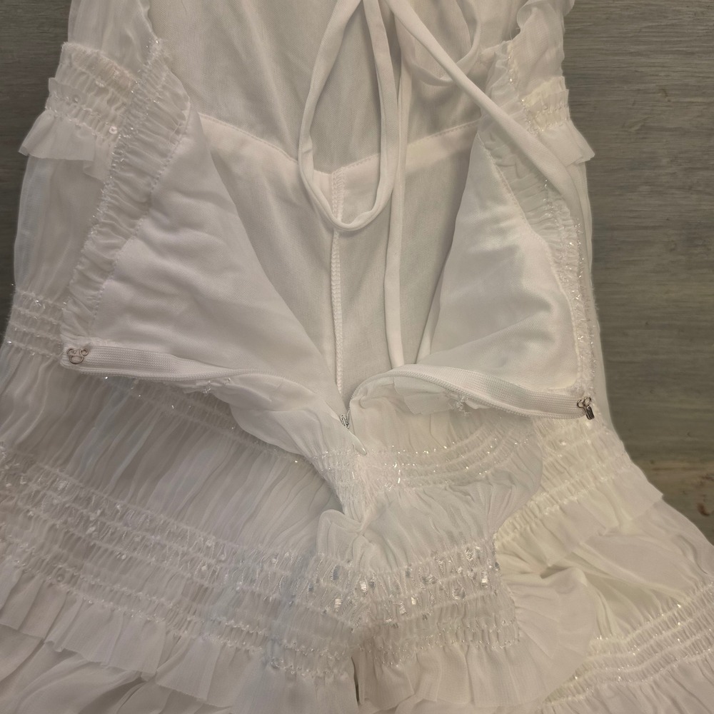 Fashion Nova "Keila" White Smocked Tiered Ruffle Jumpsuit Size Medium NWT - Picture 11 of 13